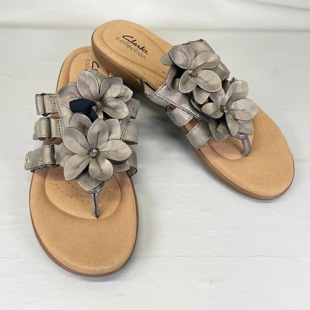 Clarks Elizabelle Mae Sandals Womens Size 9 M Pewter Metallic Shoes Thong Slides
